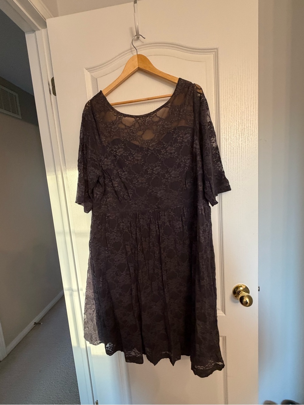 Catherines Grey Lace Overlay Dress with Nude Lining